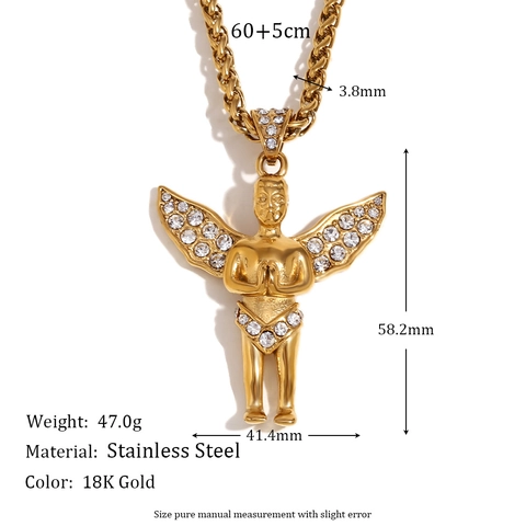 Praying Angel Pendant Necklace Stainless Steel Rhinestone Wheat Chain Hip Hop Fashion Jewelry For Men