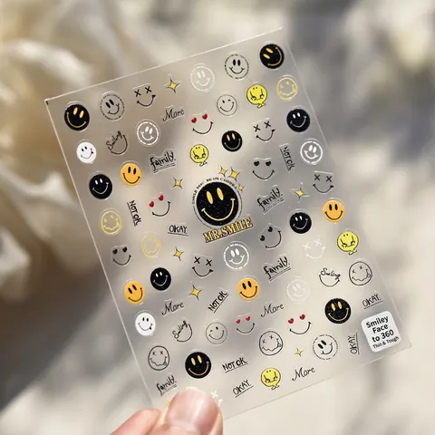 Embossed Nail Art Stickers Smiley Face Star English Letter Ultra Thin Flexible Decals For DIY Manicure Decoration