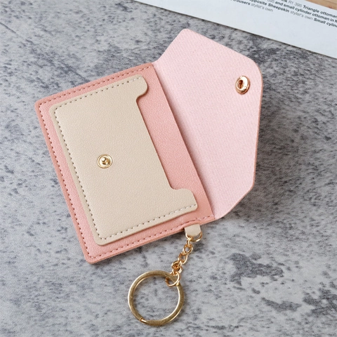 Women PU Leather Card Holder Wallet Contrast Color Envelope Style With Keychain Snap Button Lychee Texture