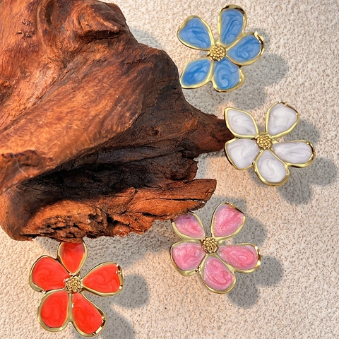 Retro Blumenform Ring Edelstahl Emaille Tropföl Verstellbar Offener Fingerschmuck Elegantes Geschenk Damen