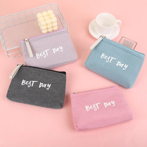 Women's Portable Canvas Makeup Bag Zipper Toiletry Organizer Pouch Letter Floral Print Travel Coin Purse Casual Storage Bag