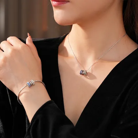 Collana Bracciale Moda Gioielli Rame Zircone Pendente Cilindrico Pietra Blu Bianco Accessorio Elegante Per Donne
