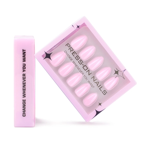 Unghie Finte Press-On Trama Perla Artificialta Lucida Rosa Tinta Unita Forma Mandorla Corta Copertura Totale Manicure Elegante Per Donne