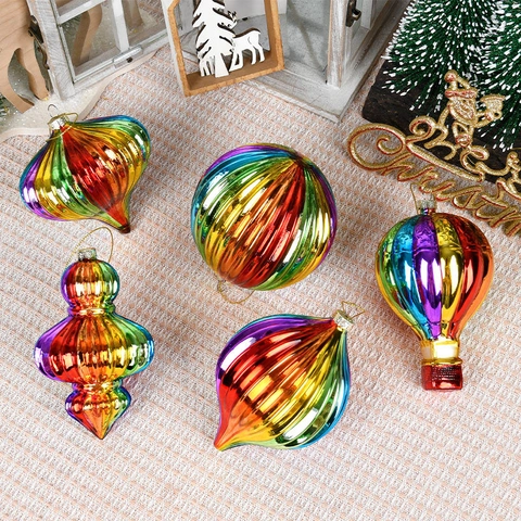 Ornamenti Natalizi In Vetro Galvanizzato Arcobaleno Palle Appese Nervate Forme Di Finali Decorazione Per Albero