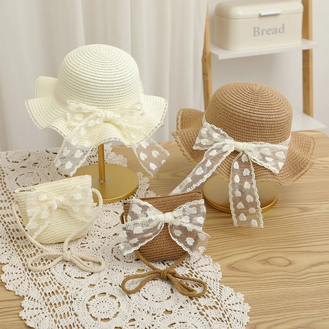 Girls Straw Hat Crossbody Bag Set Heart Pattern Lace Bow Summer Beach Sun Protection Woven Accessories