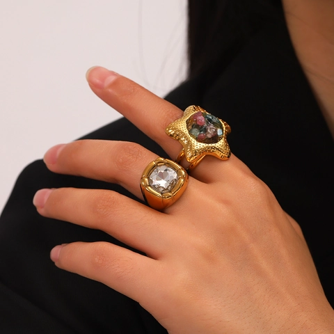Starfish Ring Stainless Steel Colorful Natural Stone Crushed Inlaid Open Adjustable Bohemian Jewelry For Women Non Fading