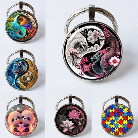 Europäischer Stil Zinklegierung Glas Zeit-Edelstein Schlüsselanhänger Für Damen Herren Yin Yang Tiger Kunst Anhänger Schlüsselring