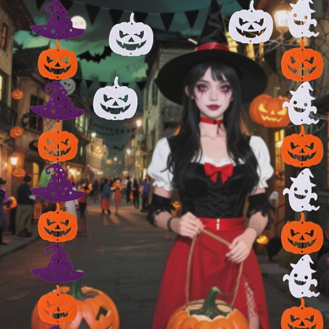 Guirnalda Colgante De Halloween Banner De Fieltro Calabaza Fantasma Esqueleto Sombrero De Bruja Decoración De Fiesta Casa Bar