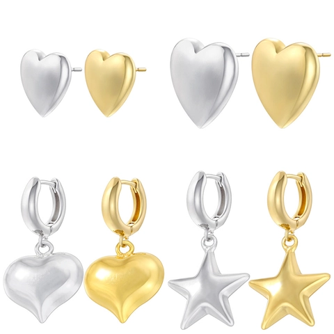 Brass Earrings Heart Star Shape Geometric Minimalist Gold Silver Plated Matte Polished Dangle Stud Jewelry For Women