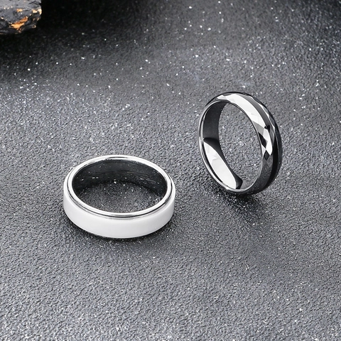 Anello Sfaccettato Geometrico Minimalista Acciaio Tungsteno Ceramica Striscia Nera Gioielli Stile Industriale
