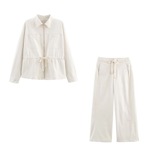 Women Utility Long Sleeve Zipper Jacket And Wide Leg Pants Casual Streetwear Woven Polyester Outfit