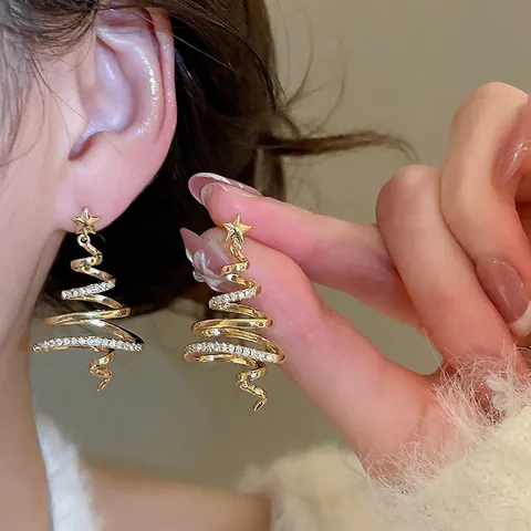 Christmas Tree Spiral Stud Earrings Gold Plated Copper Zircon With Silver Earring Post Star Elegant Festive Jewelry