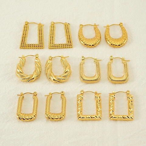 Pendientes De Aro Geométricos Acero Inoxidable Chapado En Oro De 18K Texturizados Irregulares Retro Minimalistas Joyería Elegante Para Mujer