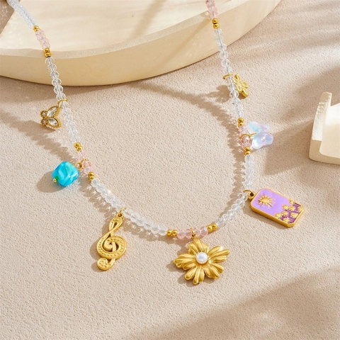 Retro Beaded Pendant Necklace With Butterfly Flower Music Note Sun Tarot Card Charms Stainless Steel Jewelry For Women