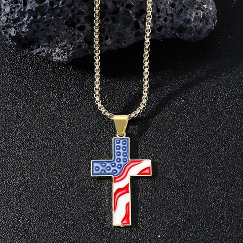 Collana Con Pendente A Croce Bandiera USA Lega Smalto Giorno Dell'Indipendenza Gioielli Hip Hop Per Uomo Donna
