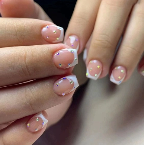 French Tip Press On Nails Pink White Rhinestones Square Short Ballet False Nails Elegant Stylish Manicure Sweet Lady Decor