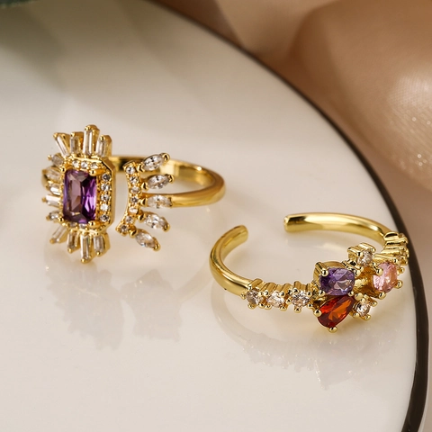 Open Adjustable Ring Copper Gold Plated Irregular Geometric Multicolor Zircon Light Luxury Fashion Jewelry For Women