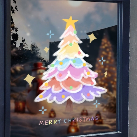 Christmas Tree Window Sticker Static Cling Rainbow Double Sided Colorful Glass Decal Festive Holiday Home Shop Decoration