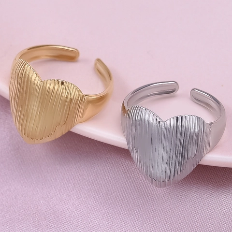 Hartvormige Roestvrijstalen Ring Verstelbaar Verticale Textuur Minimalistische Open Band Voor Dames Heren 18K Vergulde Sieraden
