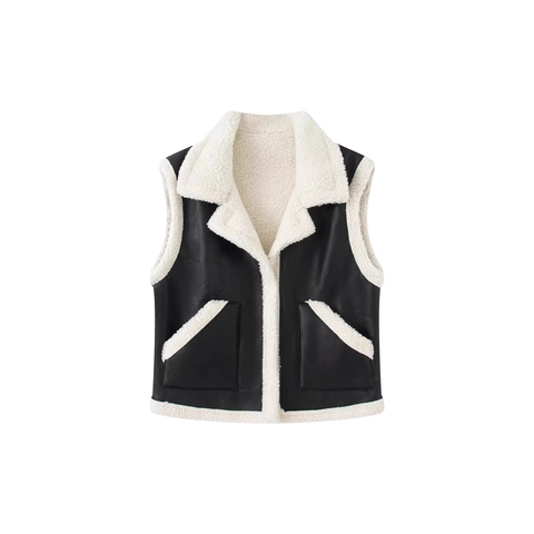 Gilet In Ecopelle Da Donna Senza Maniche Cerniera Giacca Moto Shearling Con Tasche Colore A Contrasto