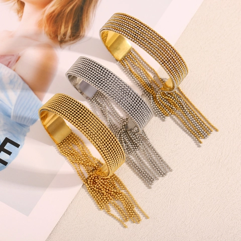 Stainless Steel Beaded Tassel Open Ring For Women Adjustable Wide Surface 18K Gold Plated Fashion Jewelry
