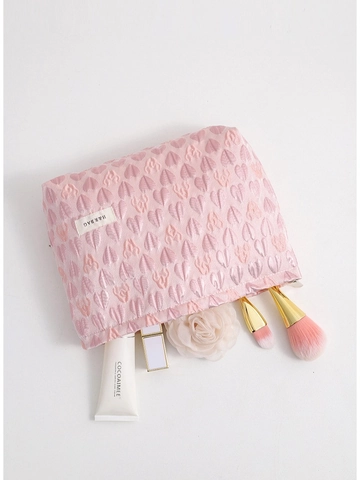Jacquard Leinwand Kosmetiktasche Relief Herzmuster Tragbare Reise Make-up Tasche Süßer Koreanischer Stil Reißverschluss Für Frauen