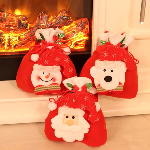 Sacchetti Regalo Di Natale Velluto Coulisse Con Bambole 3D Babbo Natale Pupazzo Di Neve Renna Orso Borse Per Caramelle Portatili