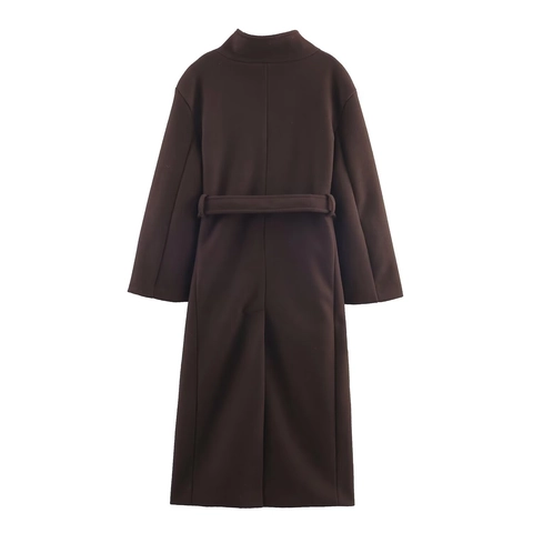 Lange Wollen Jas Voor Dames Dubbele Knoopsgat Met Riem Opstaande Kraag Wintermode Elegante Mantel
