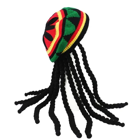 Basco In Maglia Stile Rasta Con Trecce Dreadlocks Nere Cappello Costume Reggae Rosso Giallo Verde Acrilico Per Halloween