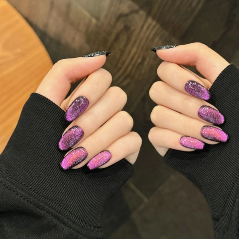 Handmade Purple Cat Eye Press On Nails Almond Shape Glitter Reusable Gel Manicure Elegant Fashion