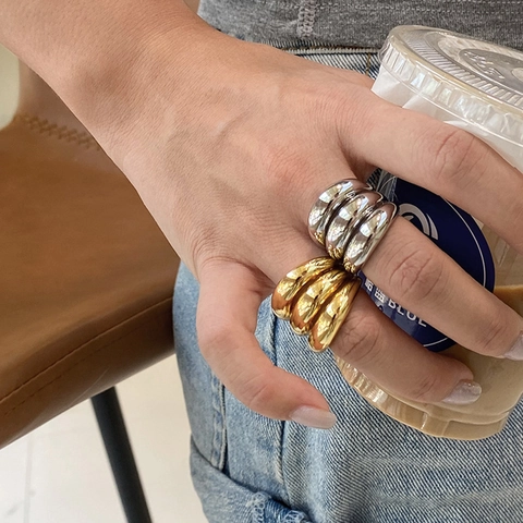 Drei Schichten Geometrische Kupfer Offene Ring Damen 18K Vergoldet Klobig Poliert Verstellbare Band Mode Schmuck