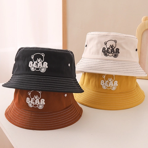 Kids Cotton Bucket Hat Cute Cartoon Bear Embroidery Sun Protection Wide Brim Basin Cap With Windproof Rope For Boys Girls