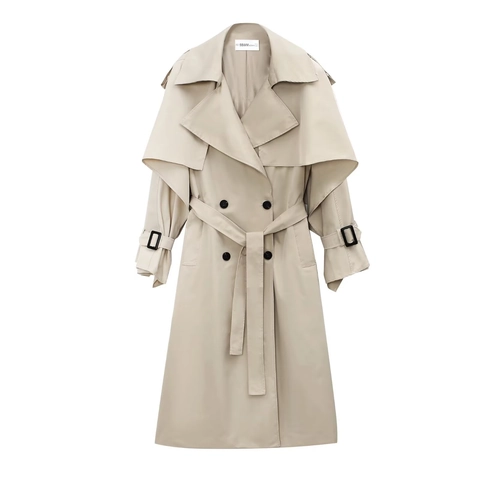 Dames Trenchcoat Lang Double Breasted Revers Met Riem Winddicht Polyester Casual Elegant Bovenkleding