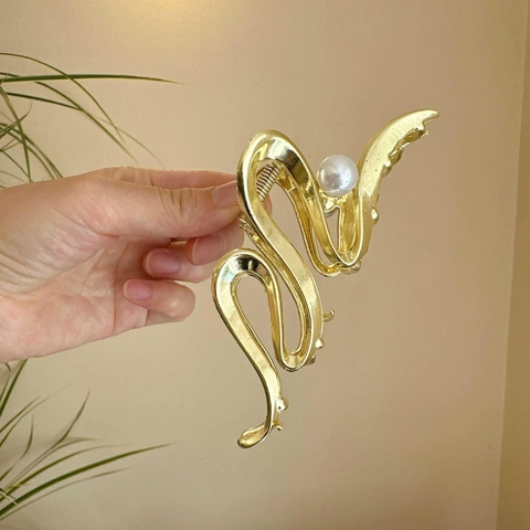 Pinza De Pelo Grande De Aleación Con Perla Artificial Elegante Pinza De Metal Fluido Minimalista Para Mujeres