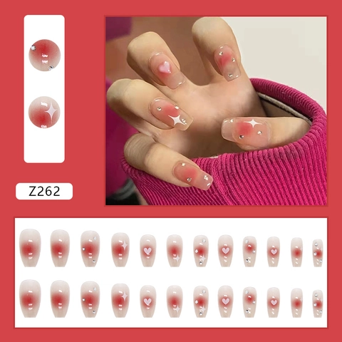 Faux Ongles Blush Dégradé Rose Coeur Étoile Brillants Strass Patchs Ongles Pour Femmes Fins Sans Traces