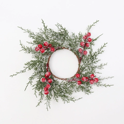 Couronne De Bougie De Noël Pin Enneigé Baies Rouges Couronne Neige Artificielle Décoration De Table Hiver