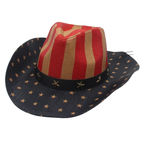 Chapeau Cow-Boy Western Drapeau Américain Imperméable Tressé Jazz Fedora Avec Rivets Étoiles Métalliques Pour Extérieur