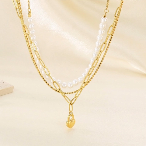 Collar Multicapa De Acero Inoxidable Con Colgante De Corazón Y Perlas Artificiales De Plástico Cadena De Clip Joyería De Moda Mujer