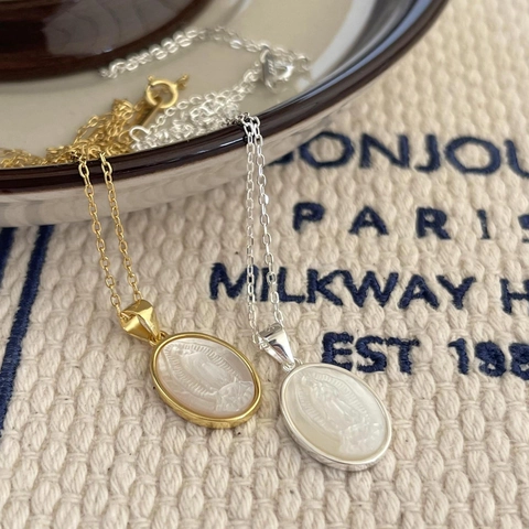 Virgin Mary Pendant Necklace 925 Sterling Silver With Mother Of Artificial Pearl Shell Oval Embossed Religious Retro Style Jewelry