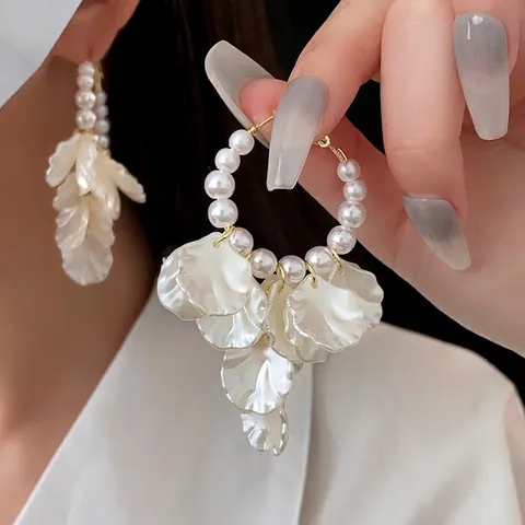 Franse Retro Bloemenblad Kunstparel Ring Oorbellen Met 925 Sterling Zilveren Oorknopje Elegante Legering Sieraden