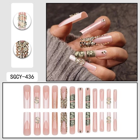 Unghie Finte Lunghe A Bara Rosa Con Ciondoli Dollaro Strass Motivo Banconota Manicure Francese Lusso Per Donna