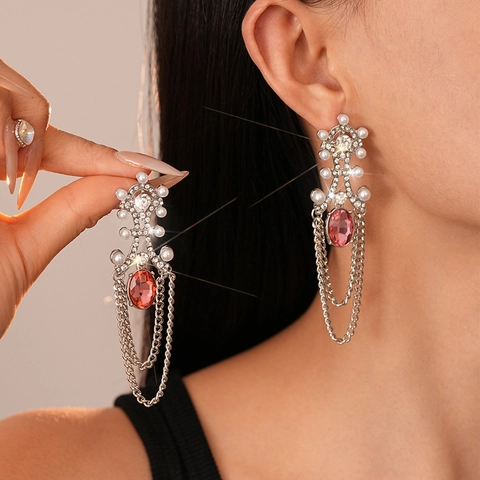 Vintage Dangle Earrings With Imitation Artificial Pearl Rhinestone Pink Stone And Silver Earring Post Long Chain Tassel Elegant Women