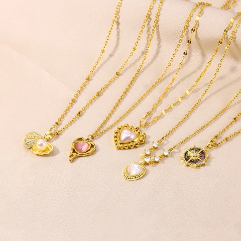 Vintage Bohemian Gold Plated Stainless Steel Pendant Necklace Heart Star Moon Butterfly Artificial Pearl Zircon Jewelry For Women
