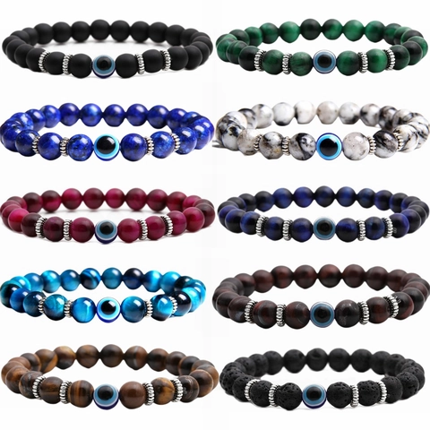 Evil Eye Beaded Bracelet Natural Tiger Eye Stone Lava Rock Matte Beads And Elastic Jewelry Accessories Women Men