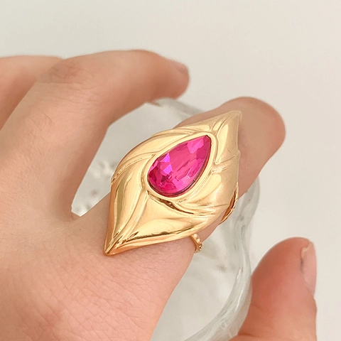 Stainless Steel Gold Plated Ring Pink Zircon Water Drop Teardrop Vintage Leaf Texture Chic Jewelry For Women