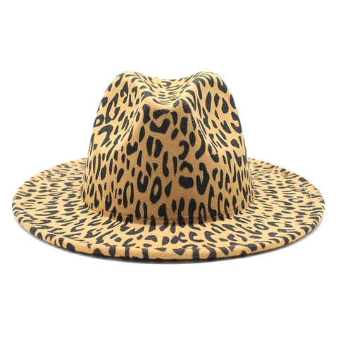 Leopard Print Fedora Hat Felt Wide Brim Jazz Panama Vintage Style For Women Men Camel