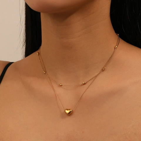 Collar De Capas Con Colgante De Corazón De Acero Inoxidable Y Cuentas Joyería Elegante Simple Para Mujer Accesorio