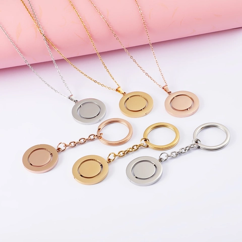 Rotatable Round Pendant Necklace And Keychain 304 Stainless Steel Spinning Disk Polished Minimalist Jewelry For Men Women