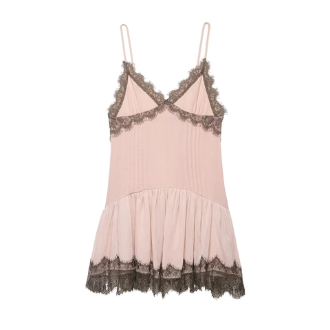 Women Sexy Lace Patchwork Mini Dress Spaghetti Strap V Neck Sleeveless Pleated High Waist Sweet Pink Polyester