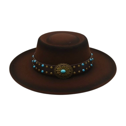 Western Cowboy Vilten Fedora Hoed Brede Rand Retro Etnische Turquoise Leren Riem Jazz Pet Voor Heren Dames